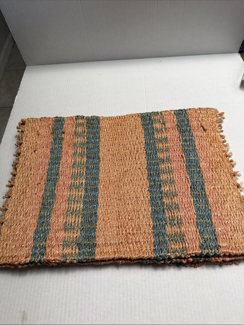 Handwoven Peach and Teal Jute Table Mats (6)- Home Accents